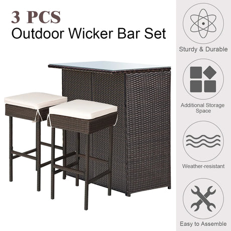 SUNCROWN OUTDOOR BAR SET 3-PIECE BROWN WICKER PATIO SET FPL-BA799-BG