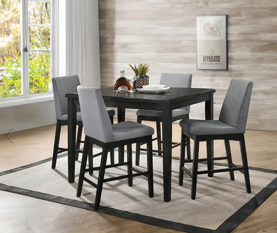 5PC COUNTER HT TABLE WITH GREY FABRIC COVERED CHAIRS DK WALNUT STROM (24-P557)