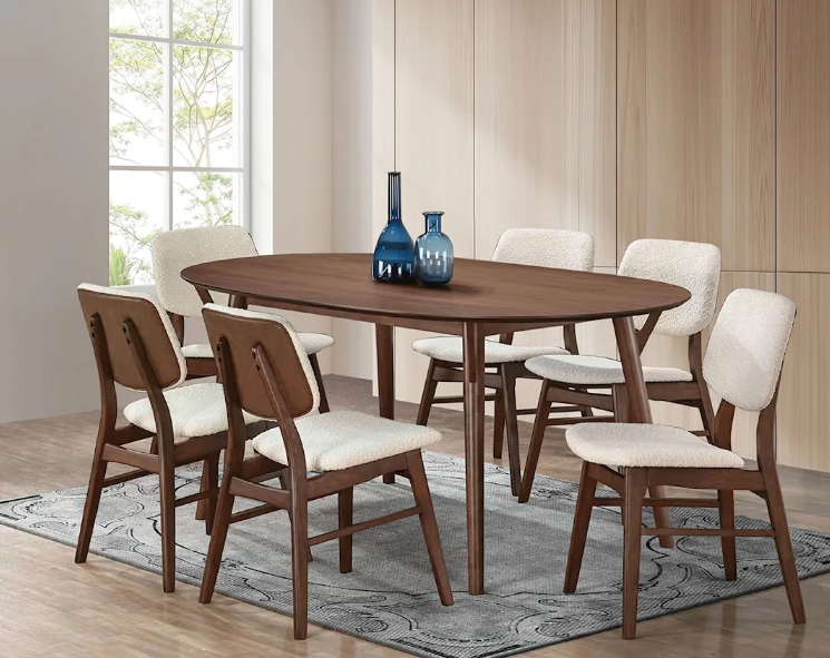 5PC OVAL DINING TABLE SET WITH ANGLED LEGS PADDED BACK AND SEAT CUSHIONS WALNUT