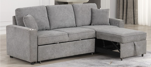 SLEEPER PULL OUT SOFA SECTIONAL W/STAINLESS STEEL CUP HOLDER GREY KENDAL